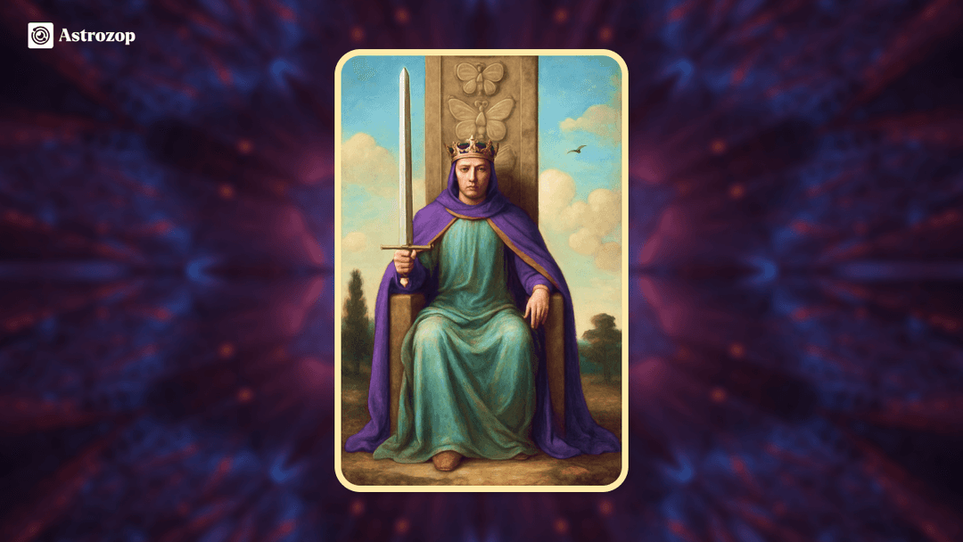 King of Swords tarot card showing a stern king seated on a throne with butterflies carved on it