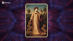 Nine of Pentacles tarot card showing a confident figure standing in a lush vineyard